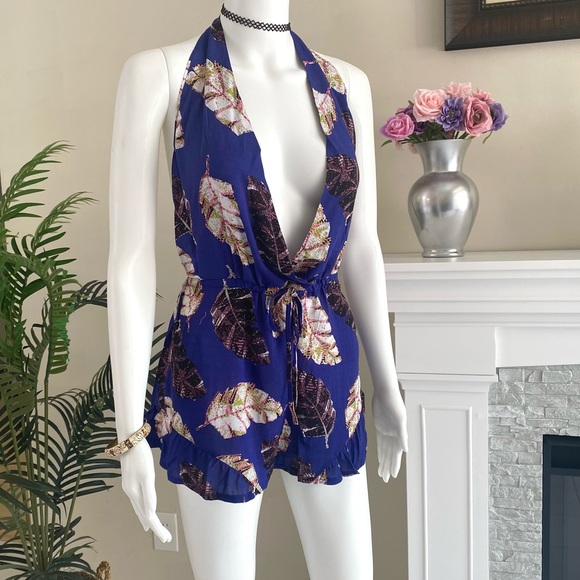 Floral Romper Open Back Neck Tie - Picture 2 of 5